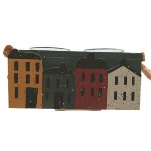 Wooden Primitive Votive Candle Holder Houses Rectangle Multi-colored Hand Painte